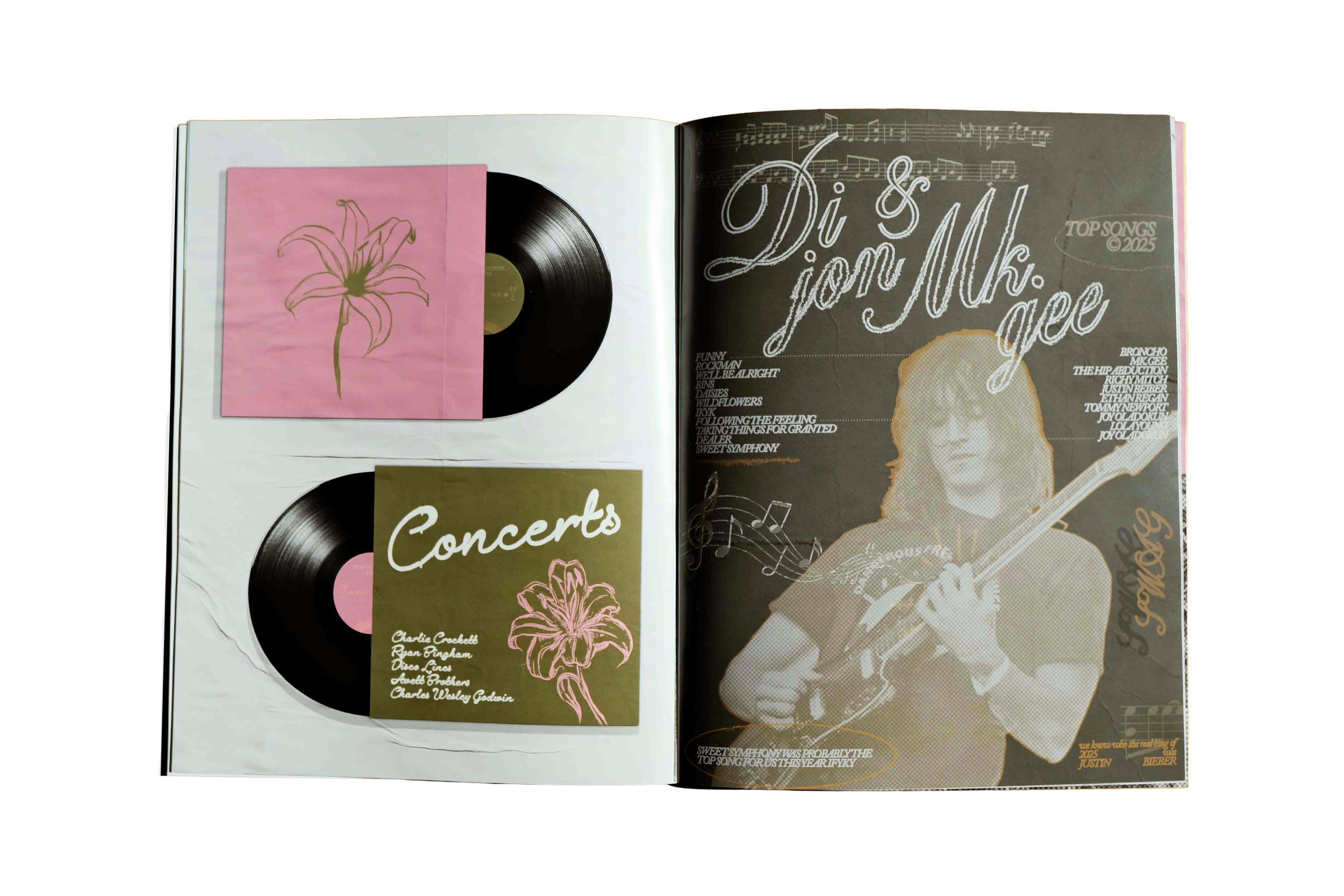 Open magazine featuring concert-themed artwork, including a black vinyl record, pink floral illustrations, and a black-and-white photograph of a young man playing guitar with stylized text and music notes.