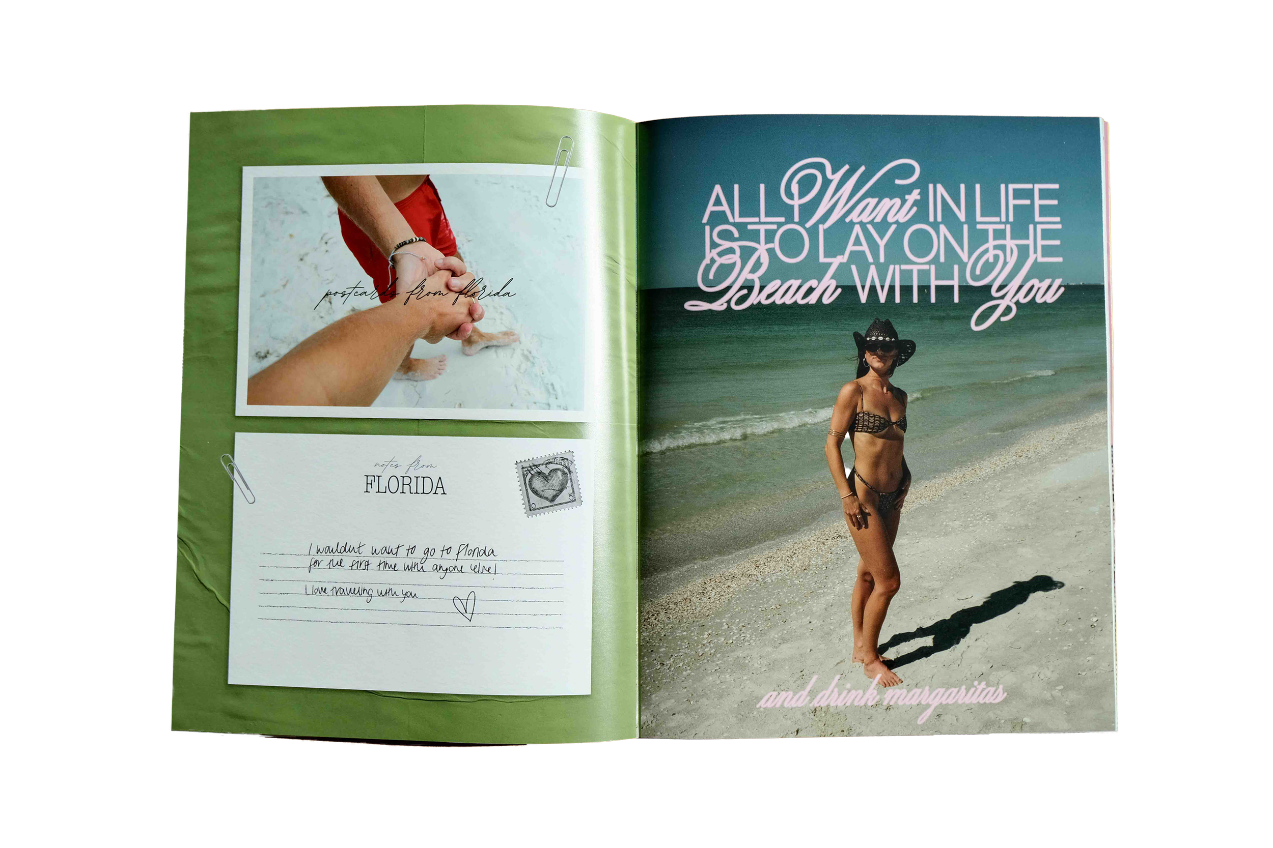 A scrapbook with a photo of two people holding hands on the beach, a note from Florida, and artistic text reading "All I Want in Life is to Lay on the Beach With You" with a woman in a bikini and hat standing on the shoreline.