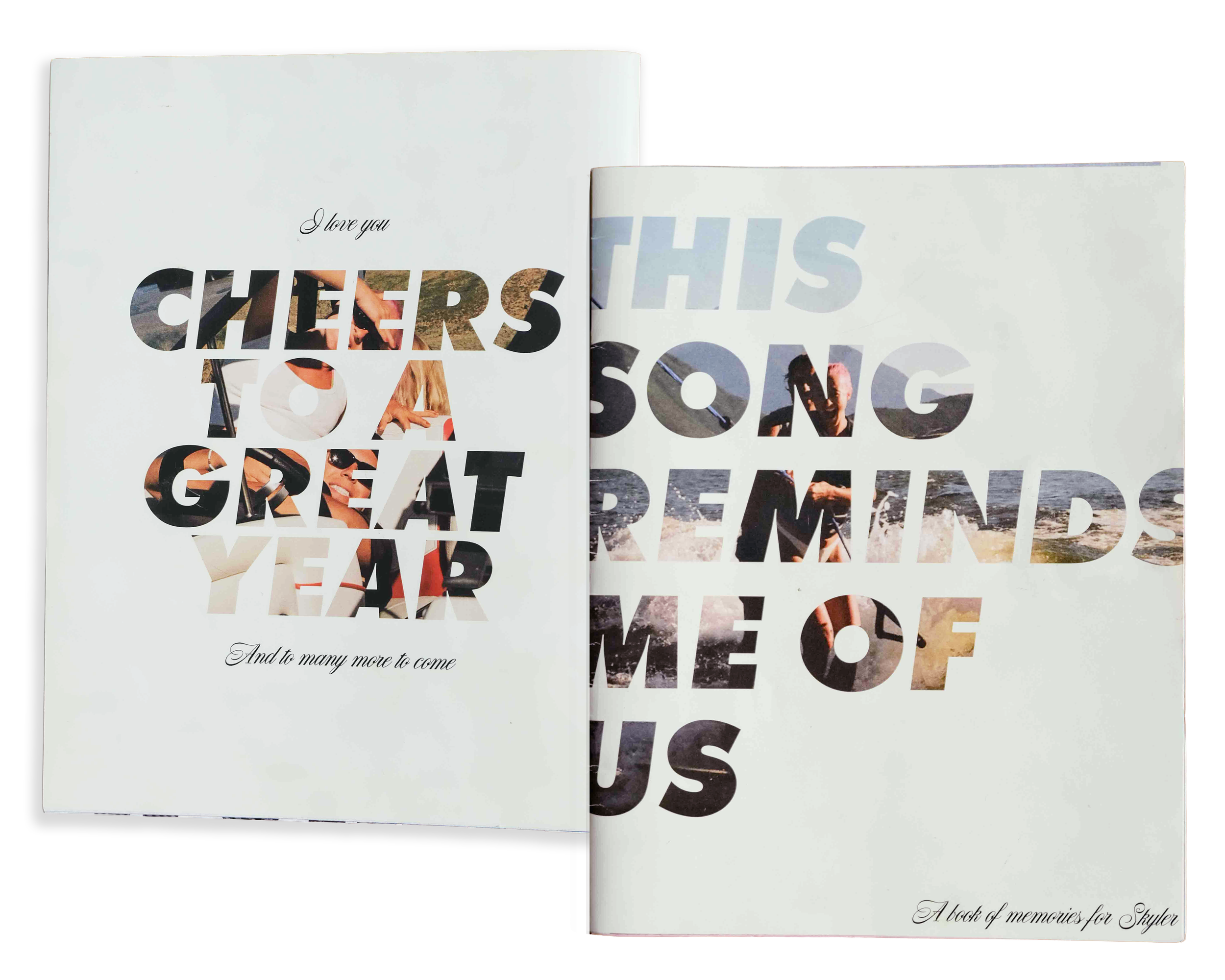 Open book with cut-out letters showing photos of people at the beach, with text 'I love you' and 'And to many more to come'}