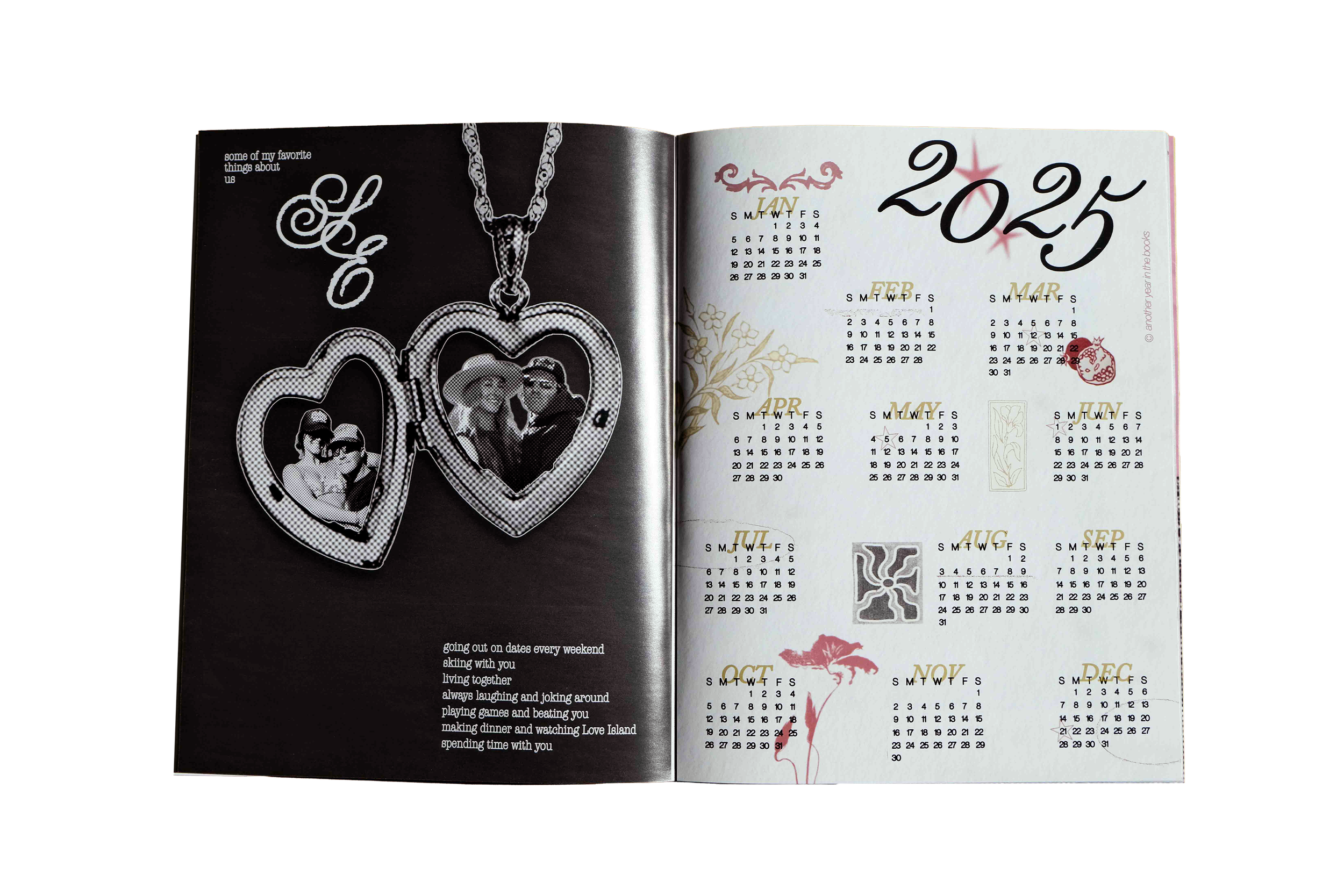 Open calendar with a black moon necklace and two photo frames on the left page, and a calendar for January to December 2025 with floral and animal illustrations on the right page.