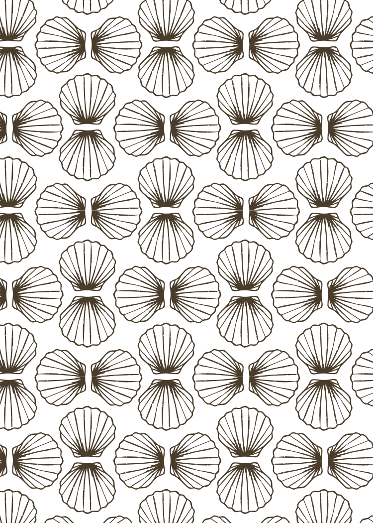 Pattern of black and white seashells arranged in a repetitive pattern.