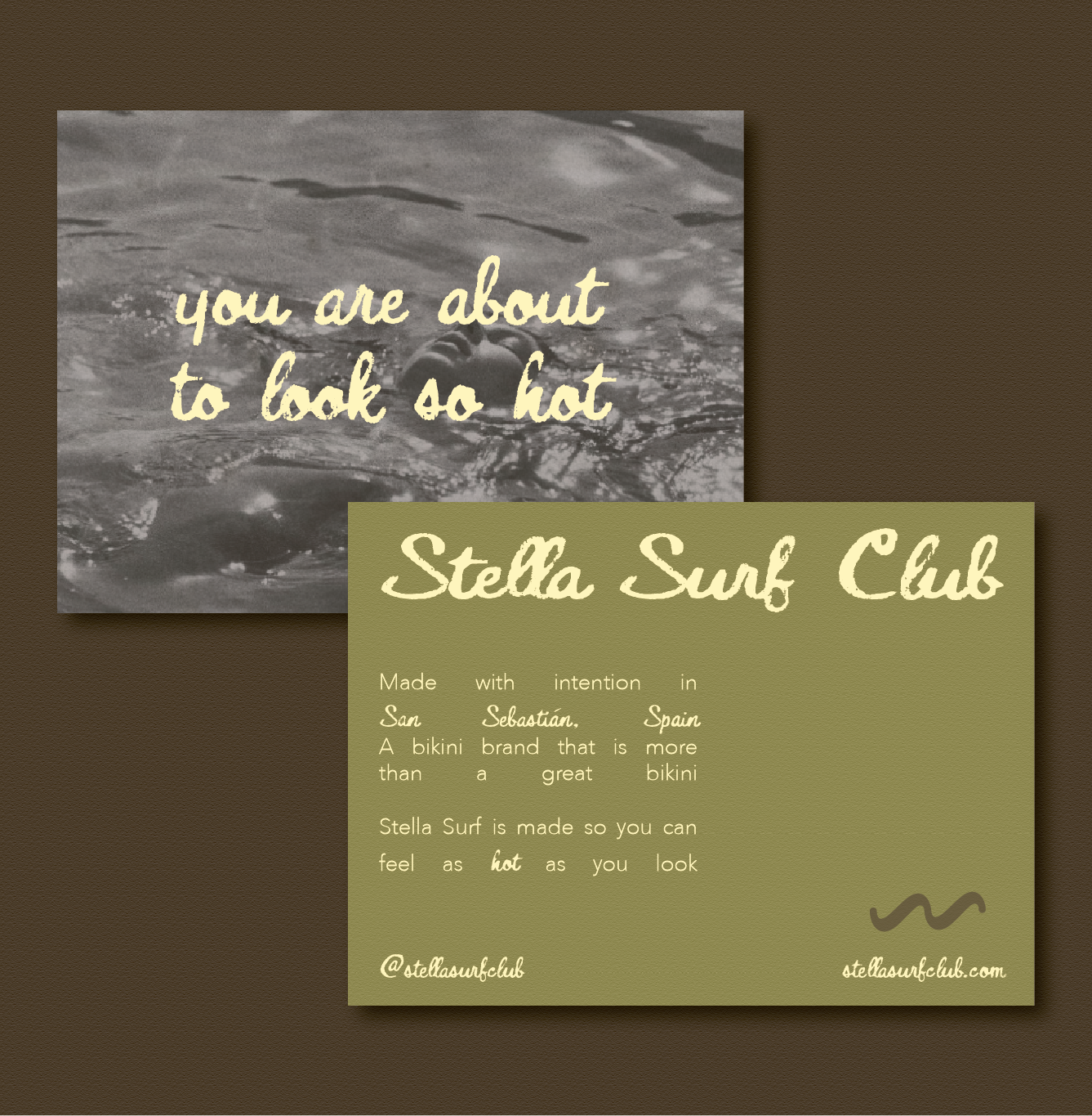 A promotional graphic for Stella Surf Club featuring a black and white image of a person swimming in water with nautical-themed text overlay, including the club's name and information about bikinis made in Spain.