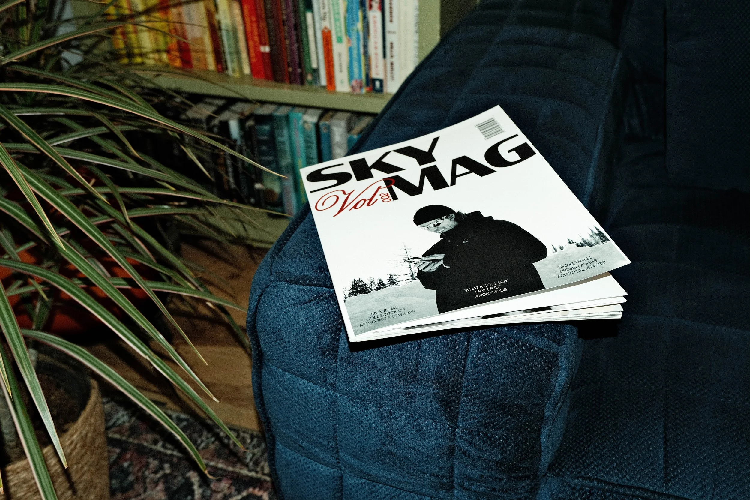 A magazine titled 'Sky Mag' resting on a person's lap, with a black and white cover image of a man outdoors in winter, surrounded by a bookshelf and plants in the background.