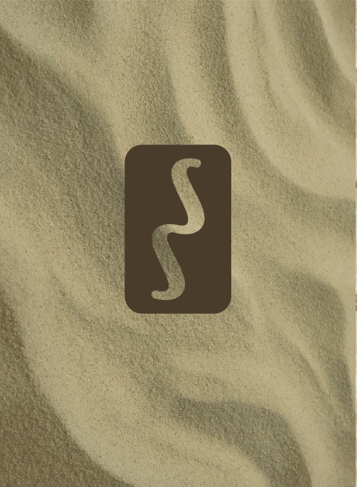 A logo featuring a stylized 'S' on a dark background, set against a sandy surface.