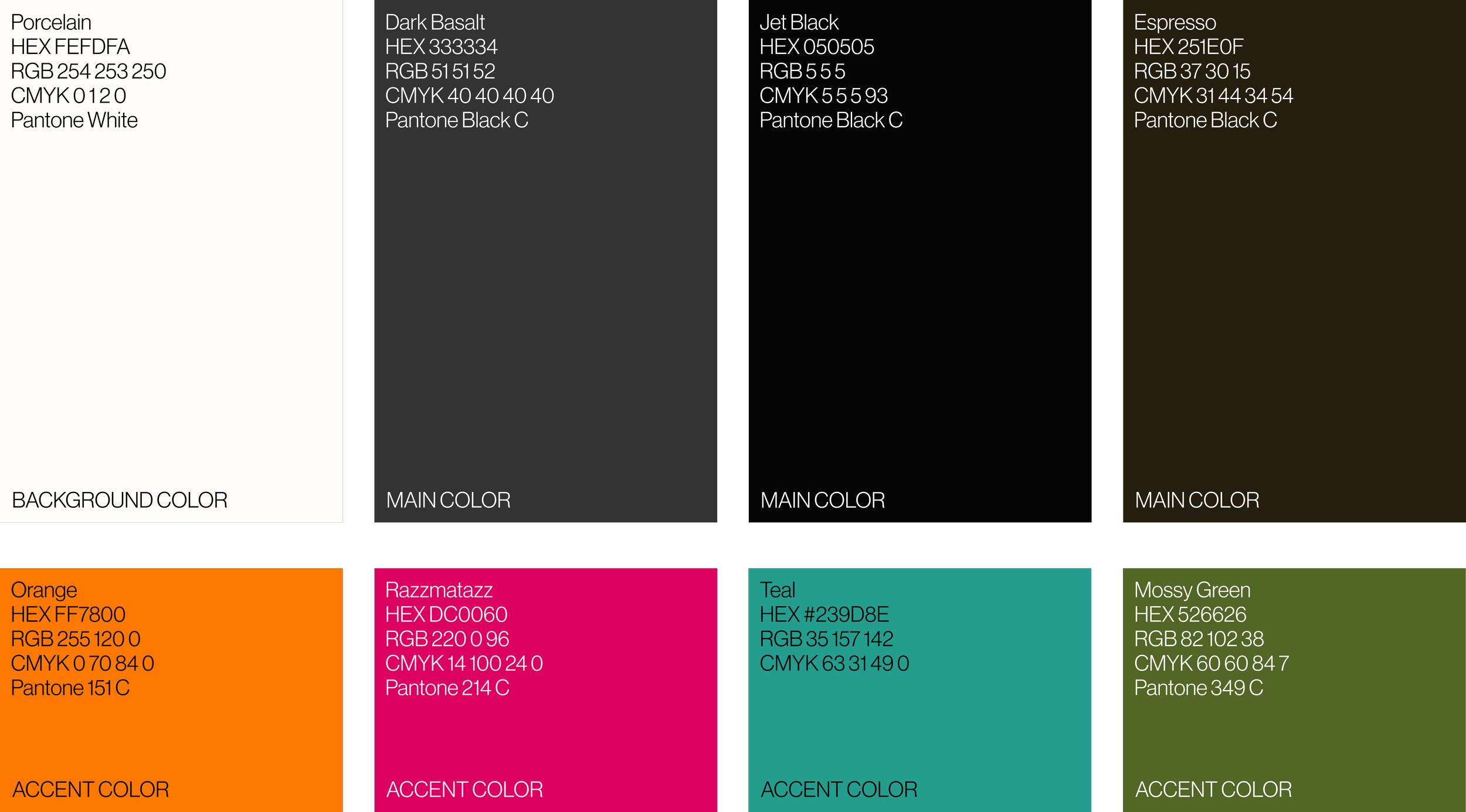 This image shows a color palette with various colors and their corresponding HEX, RGB, CMYK, and Pantone codes. The palette includes porcelaine, dark basalt, jet black, espresso, orange, razzmatazz, teal, and mossy green, each labeled as either background, main, or accent color.