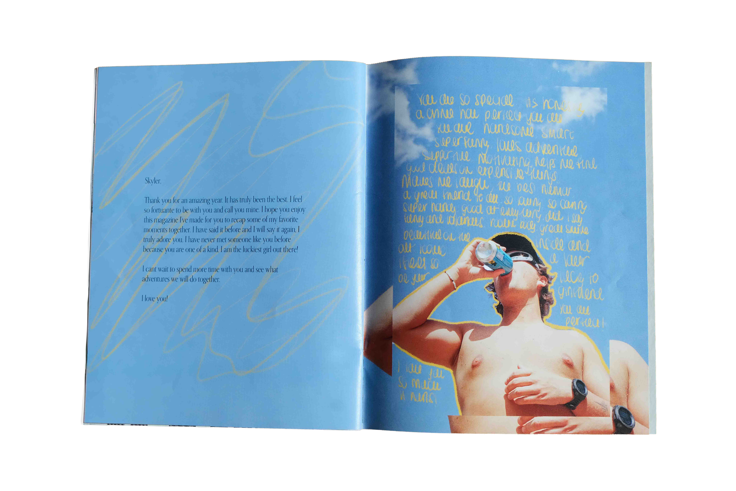 Open magazine with blue background, text on left page, and photo of a person on right page taking a photo with a camera.