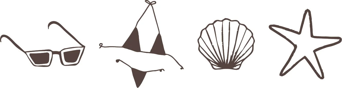 Line drawing of four beach-related items: sunglasses, a kite with a fish-shaped tail, a seashell, and a starfish.