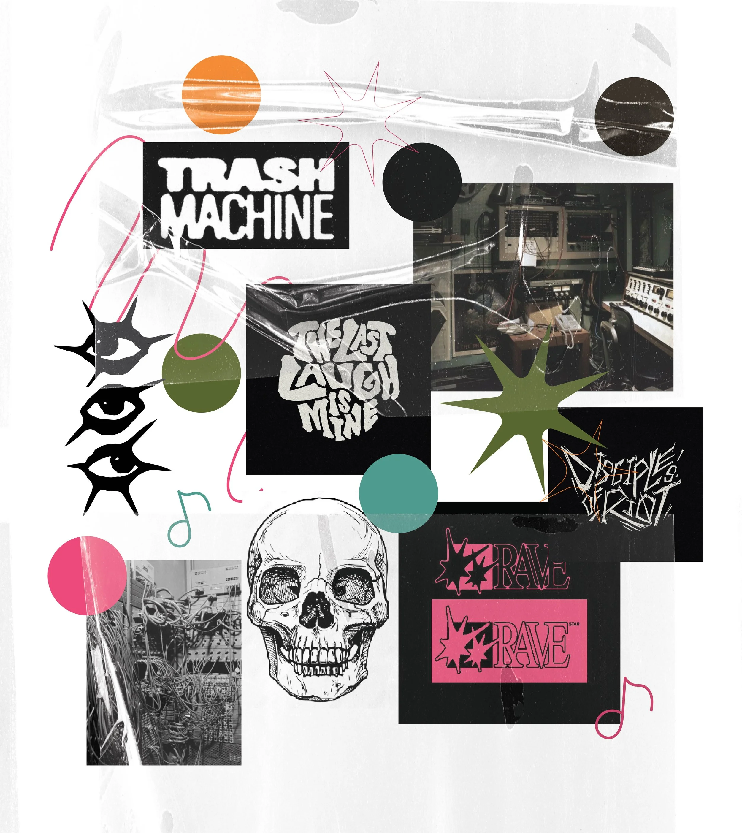A collage of various punk, rock, and metal band stickers, artwork, and posters, including a black skull with a second skull's face layered inside, words like 'trash machine,' 'lost and found,' and 'star drive,' surrounded by abstract shapes, wires, and electronics.