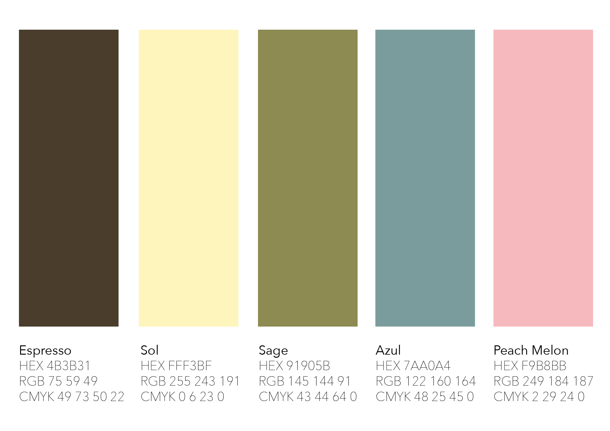 Color palette featuring vertical bars in shades of brown, yellow, green, blue, and pink.
