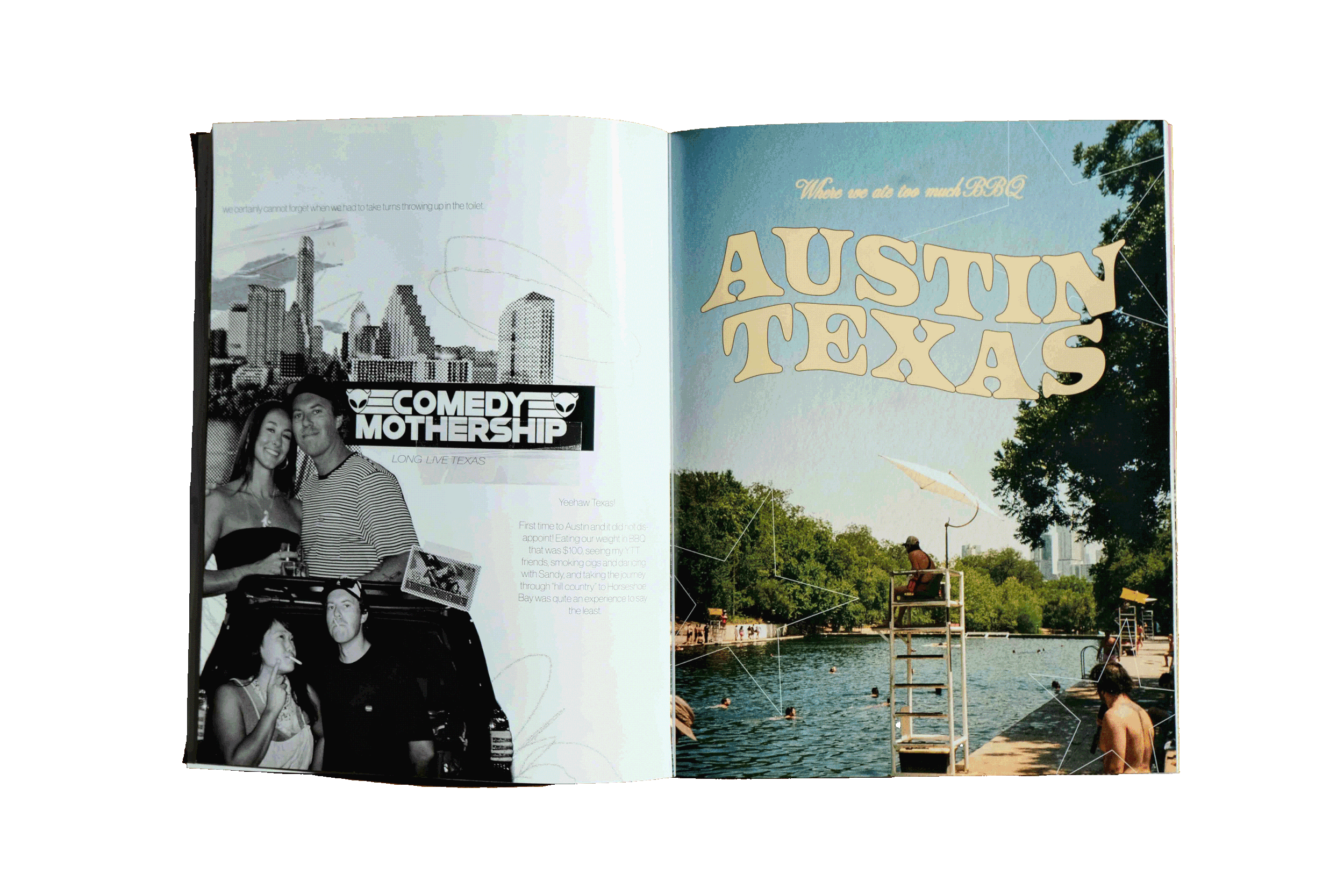 Open magazine showing a black and white photo of smiling young people and a skyline in the background, with bold text reading 'Comedy Mothership'. Outside, a park with people swimming and relaxing by the water, trees, and a diving platform.