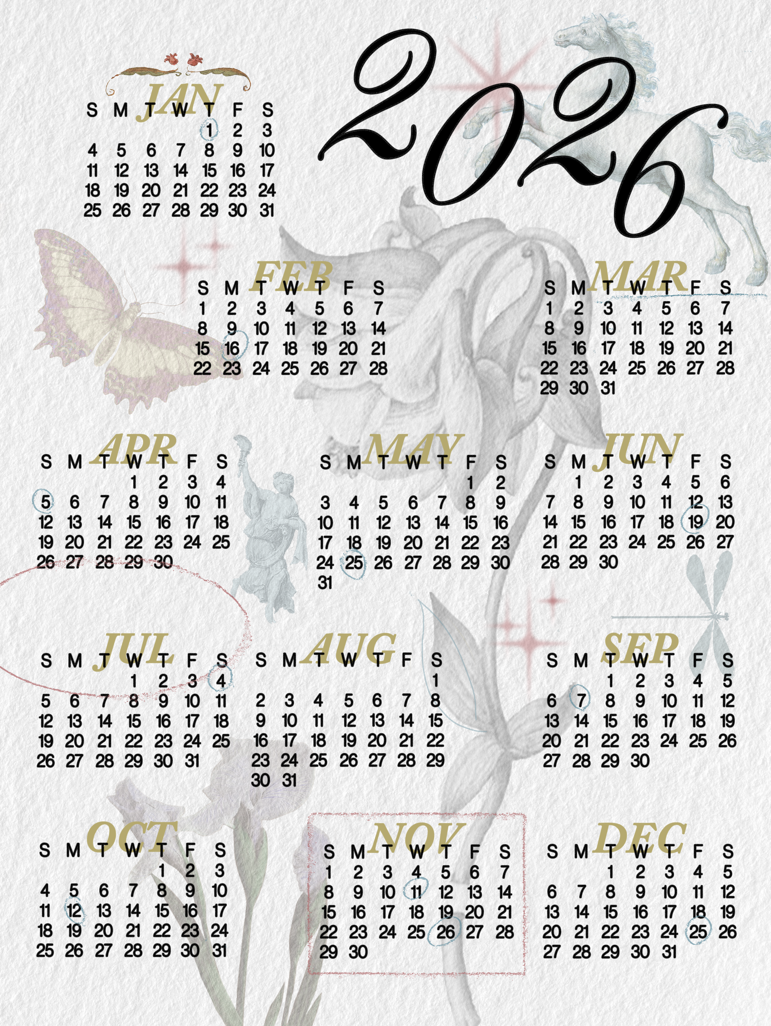 A 2024 calendar with illustrations of a butterfly, a horse, and a flower in the background.