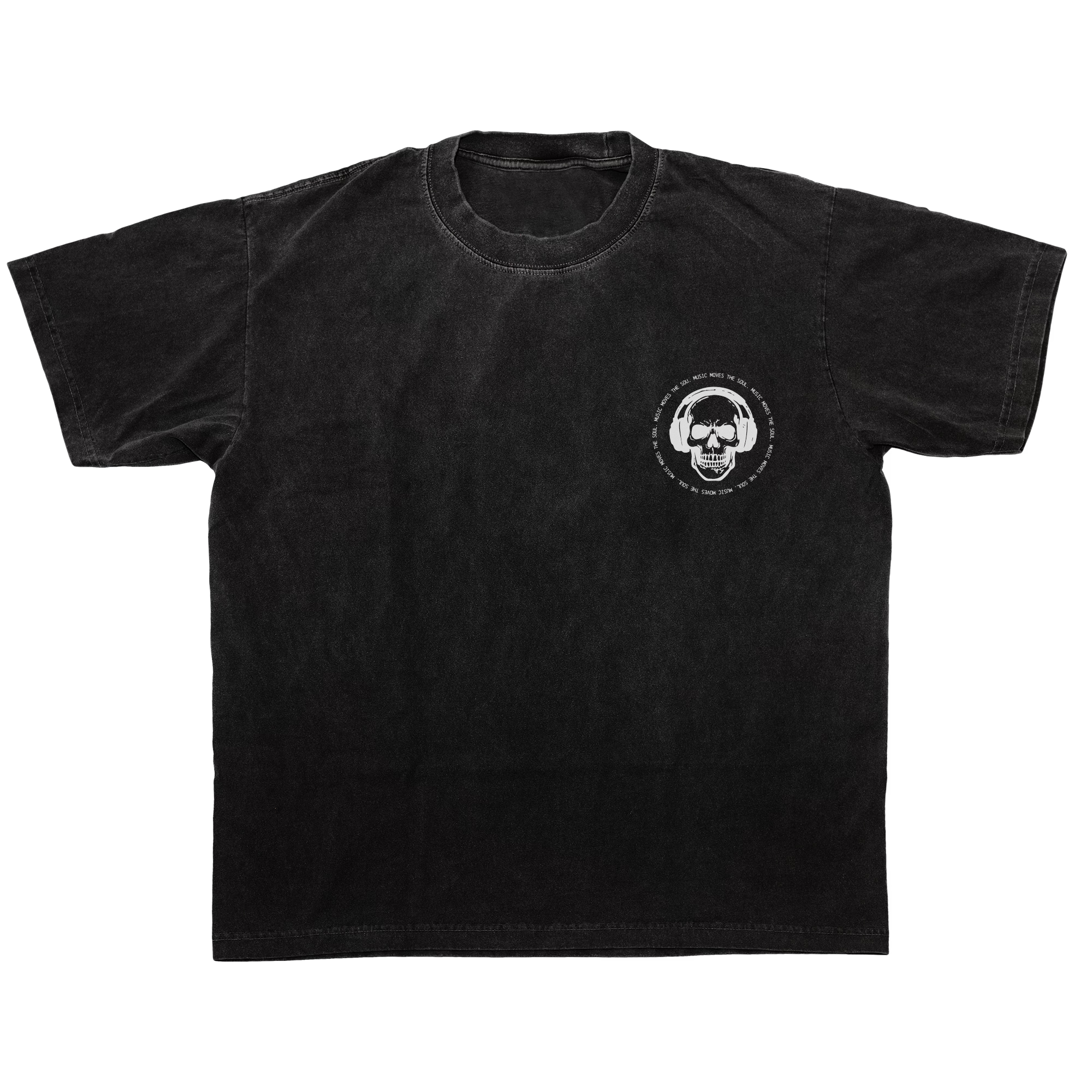 Black T-shirt featuring a skull graphic with headphones and the phrase "Music Moves the Soul" in a circular design.