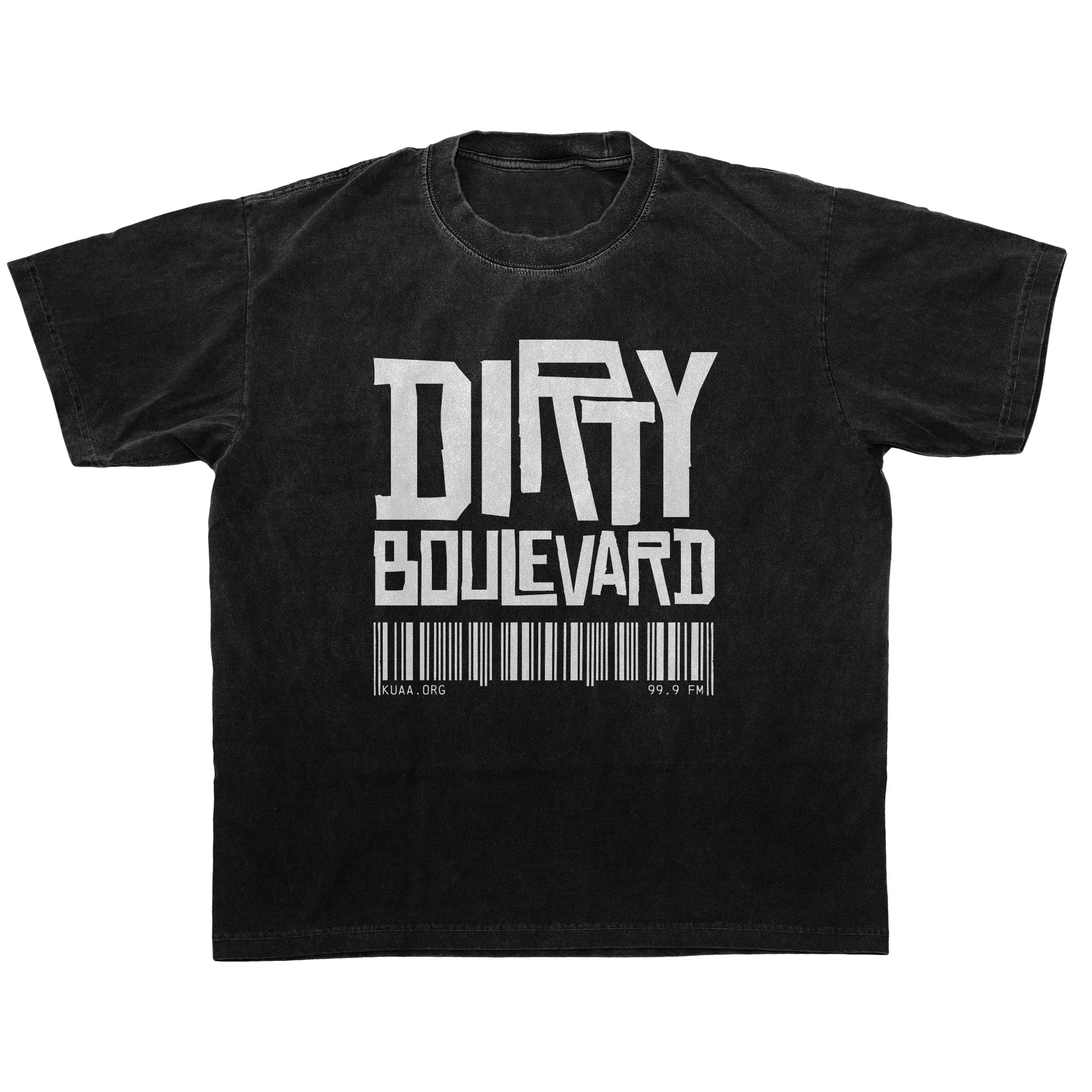 Black T-shirt with white text and barcode design, featuring the words 'DIEY', 'POWER', and 'GOLD' and the website 'KUAA.ORG' and radio station '99.9 FM'.