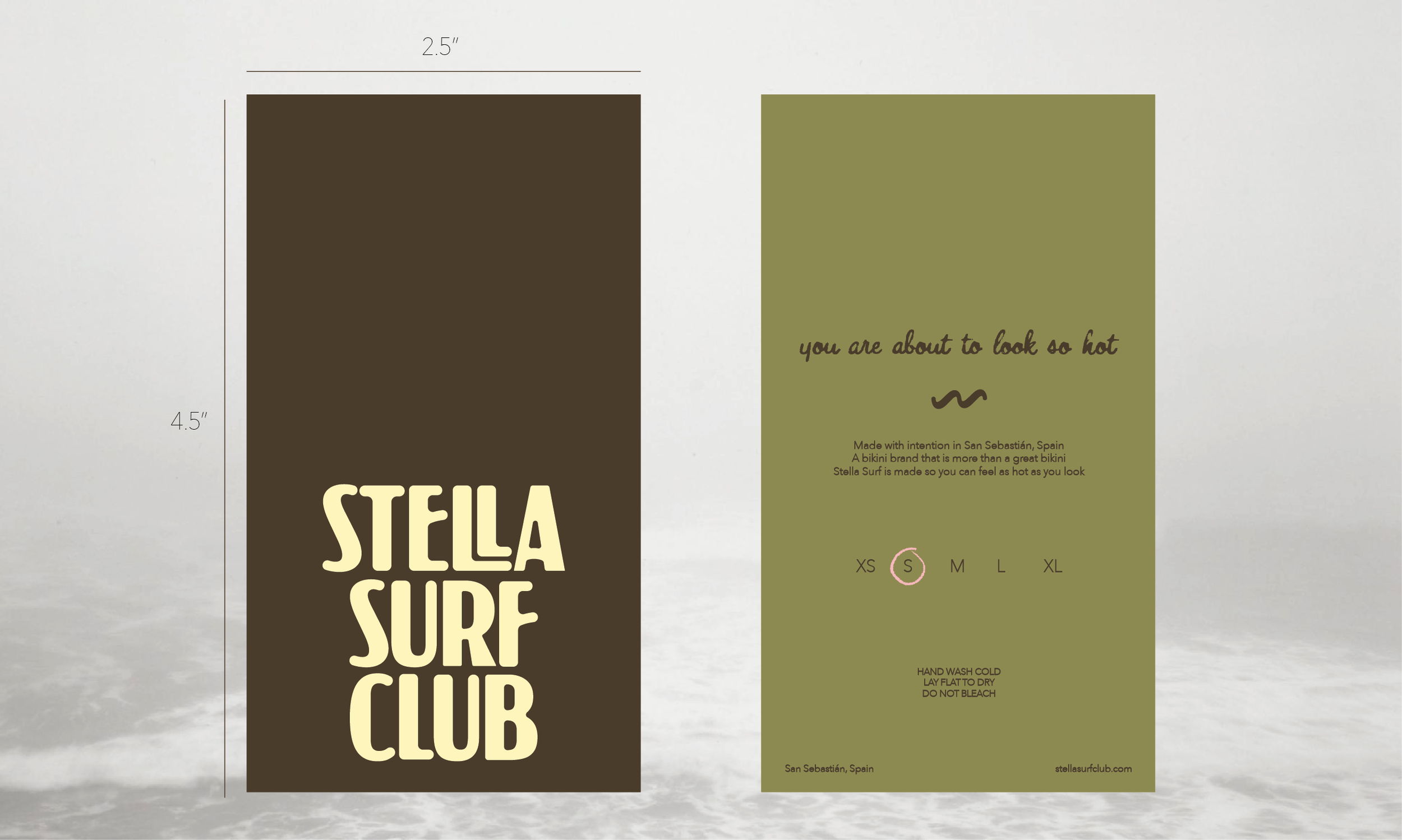 Package of Stella Surf Club clothing with measurements, color options, and care instructions, made in San Sebastián, Spain.