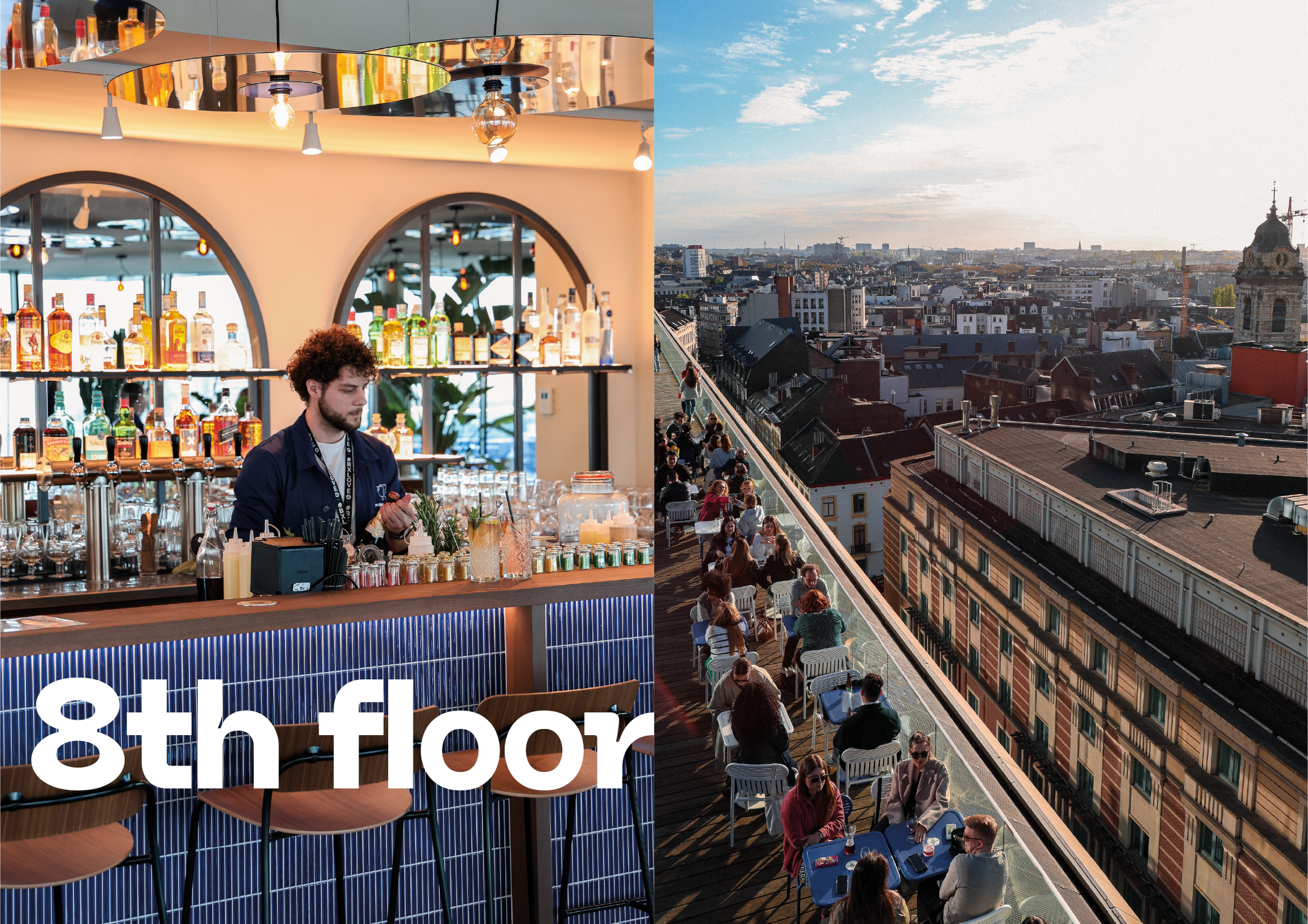 Partie intérieure d'un bar avec un barman derrière le comptoir, des étagères avec des bouteilles d'alcool, et des tabourets verts. À droite, une terrasse en hauteur avec des gens assis autour de tables, profitant de la vue sur la ville au coucher du 