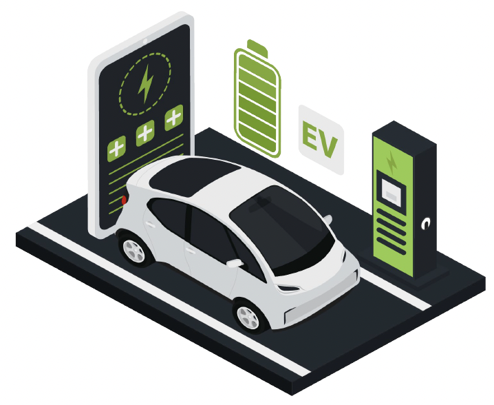 Illustratie van een auto bij een lader met een batterij en telefoon icoon.