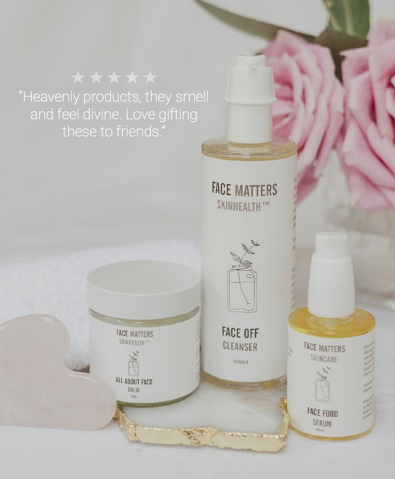 The simplicity of the Face Matters routine.

We believe that everyone can have healthy skin with our simple no-fuss routine. Try it for yourself!
Morning:
Cleanse with our Face Off Cleanser
Nourish your skin with our Face Food Serum
2 Minutes Gua Sha