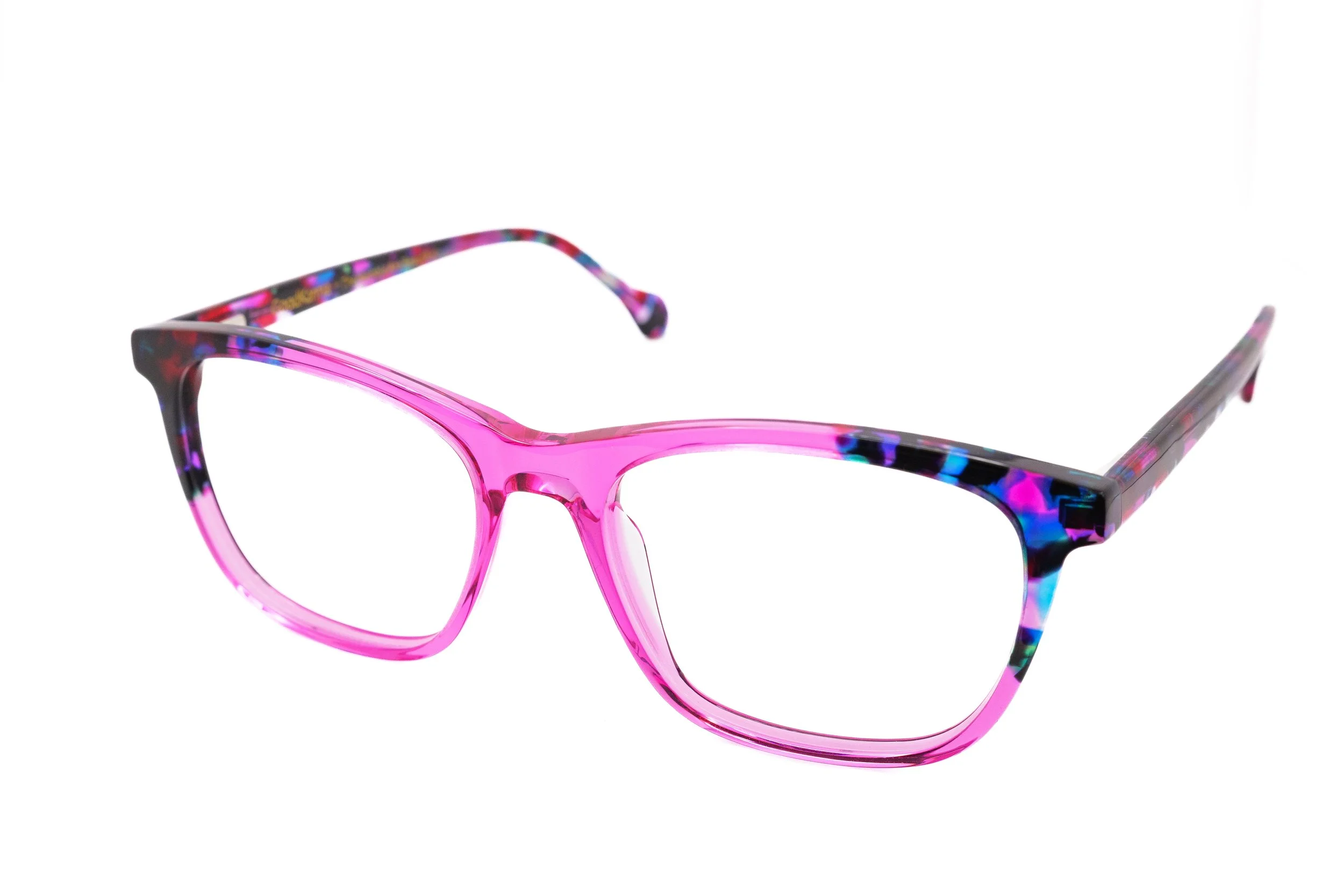 Colorful eyeglasses with pink and blue frames isolated on white background.