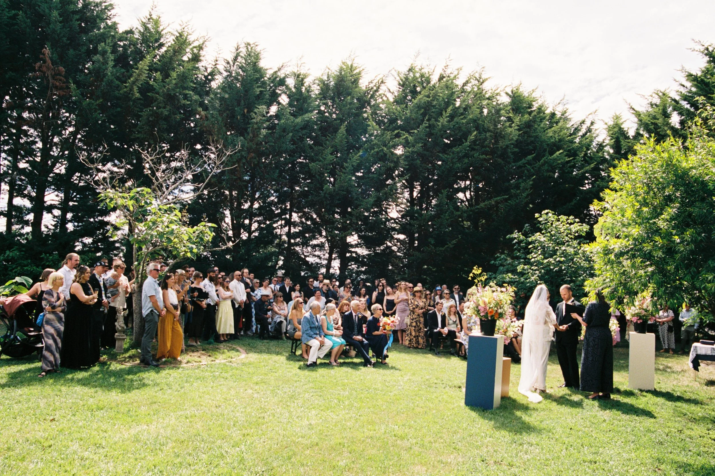 An outdoor wedding ceremony with a bride and groom exchanging vows under a tree, surrounded by seated and standing guests on a grassy lawn, with lush green trees in the background.