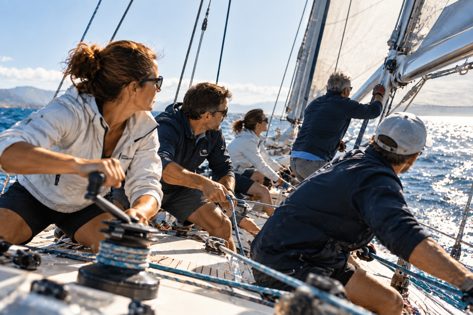 Groupe de personnes faisant de la voile en mer, tirant sur les cordages du bateau . Cohésion d'équipe