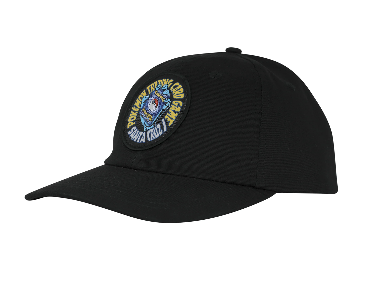 Side view of black Santa Cruz x Pokémon TCG Hand snapback cap