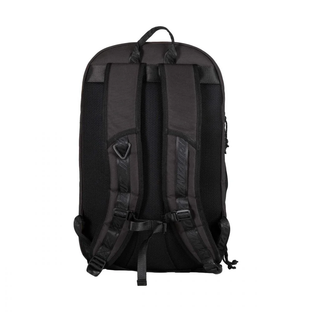 Santa Cruz Dot Guy black skate backpack, rear view showing padded back panel and shoulder straps