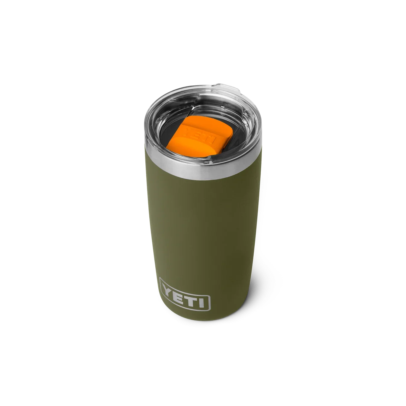 YETI Rambler 10oz tumbler in Olive showing the King Crab orange MagSlider