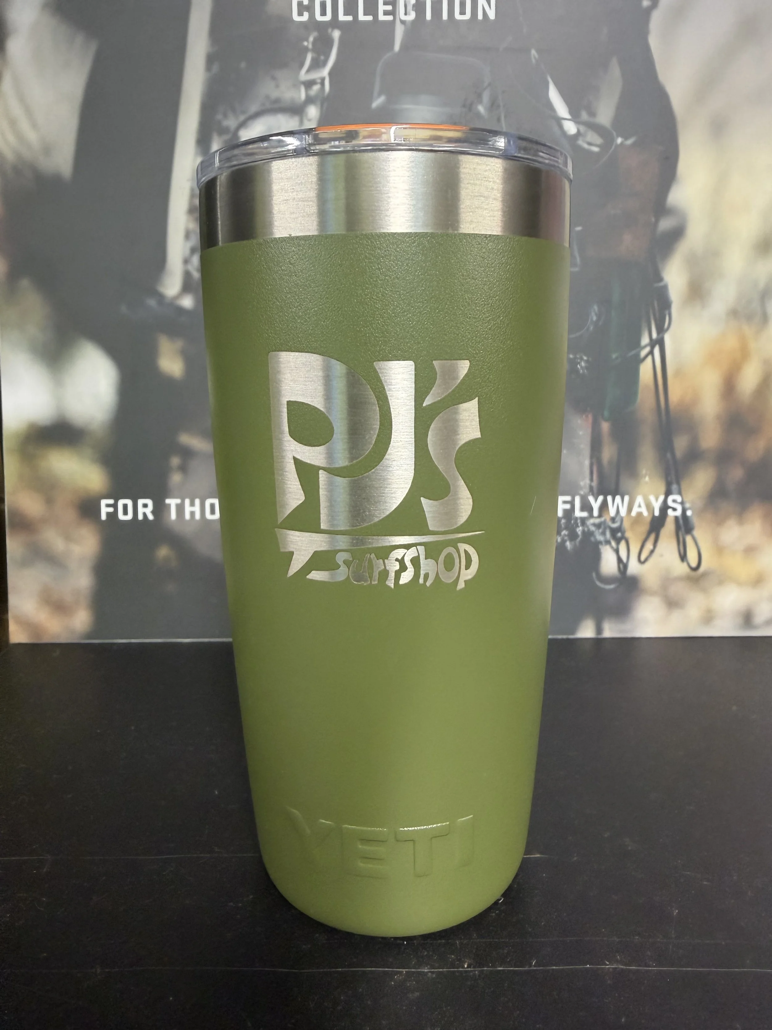 PJ’s Surf Shop logo on a YETI Rambler 10oz tumbler in Olive
