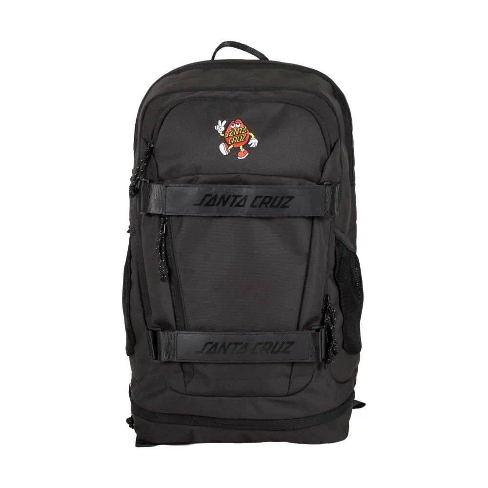 Santa Cruz Dot Guy black skate backpack, front view showing board straps and zipped pockets