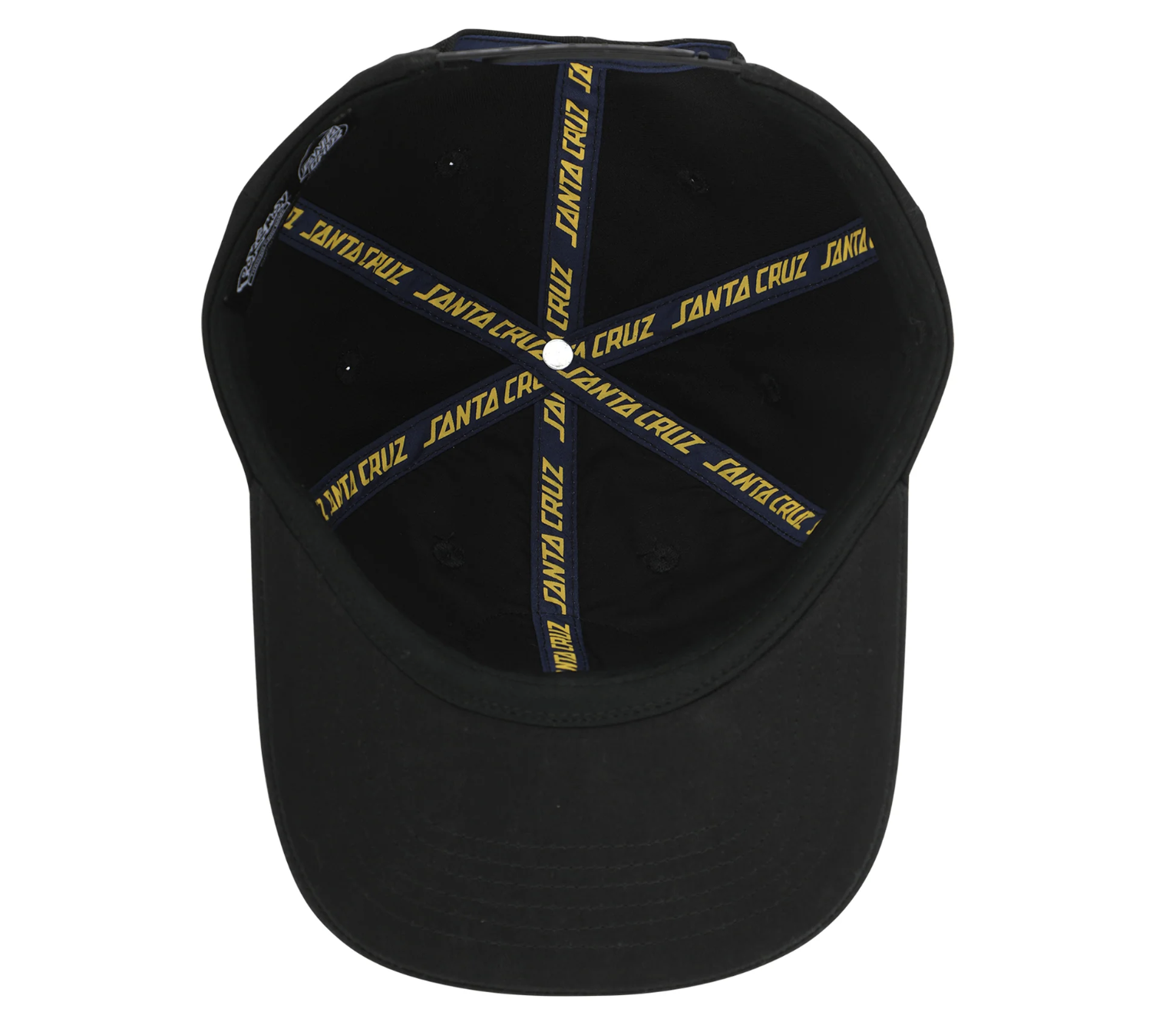 Underside of black Santa Cruz x Pokémon TCG Hand cap showing branded interior taping