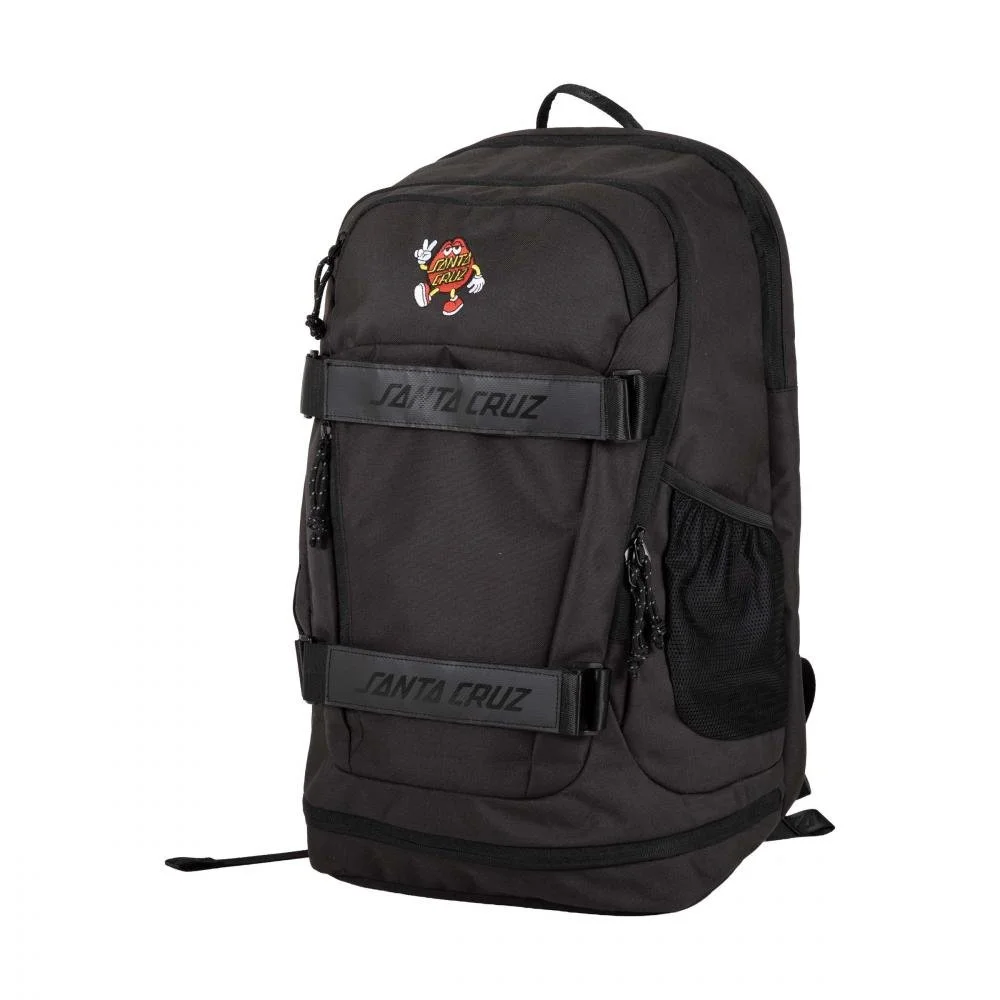 Black Santa Cruz Dot Guy 18L skate backpack with board straps, angled view