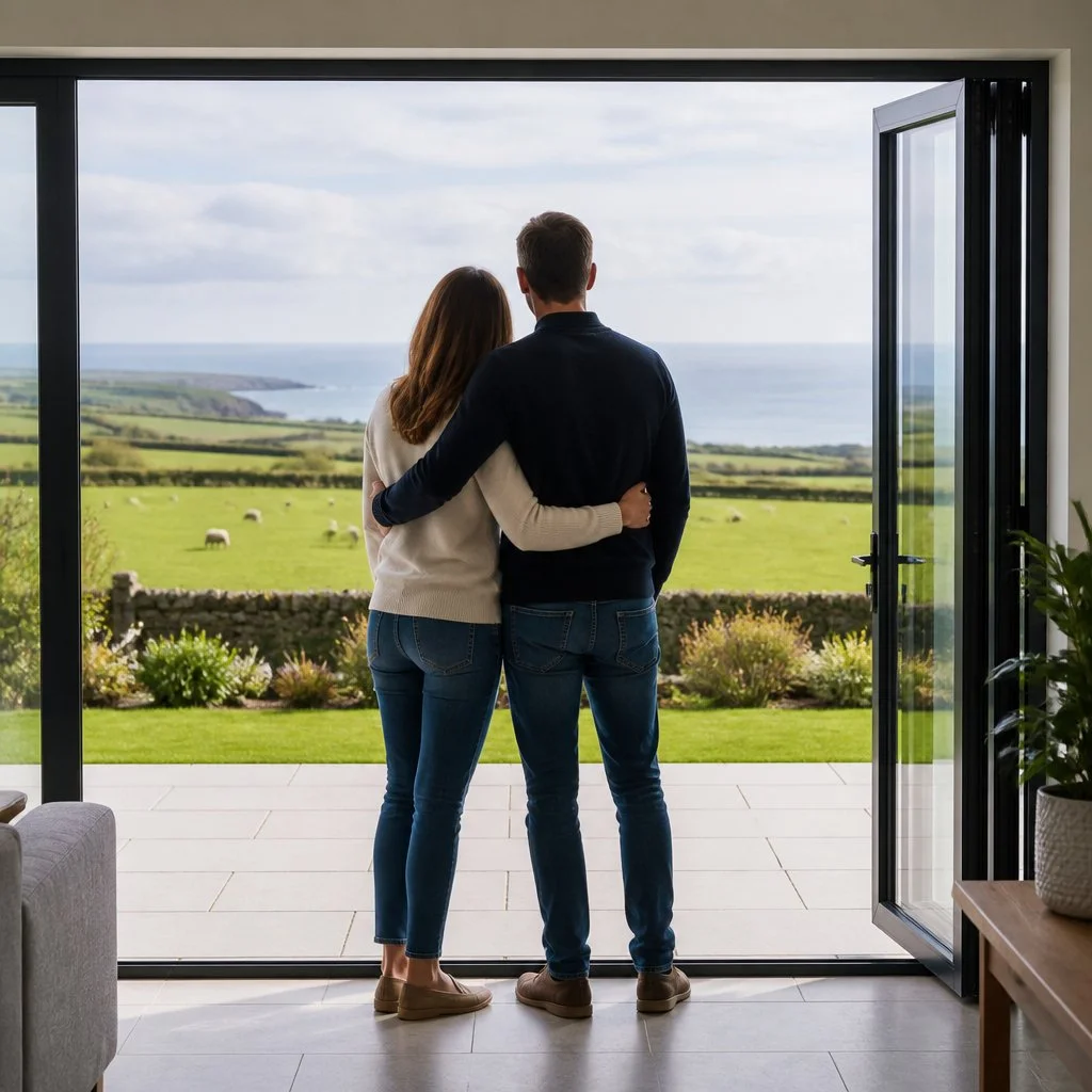 Man and woman standing in the open garden doors looking out past their garden to fields of sheep and further on, the sea.