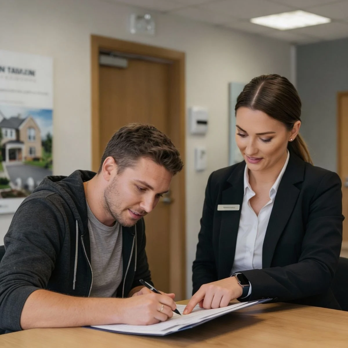 New home sales agent showing homebuyer where to sign the reservation agreement for his new build home.