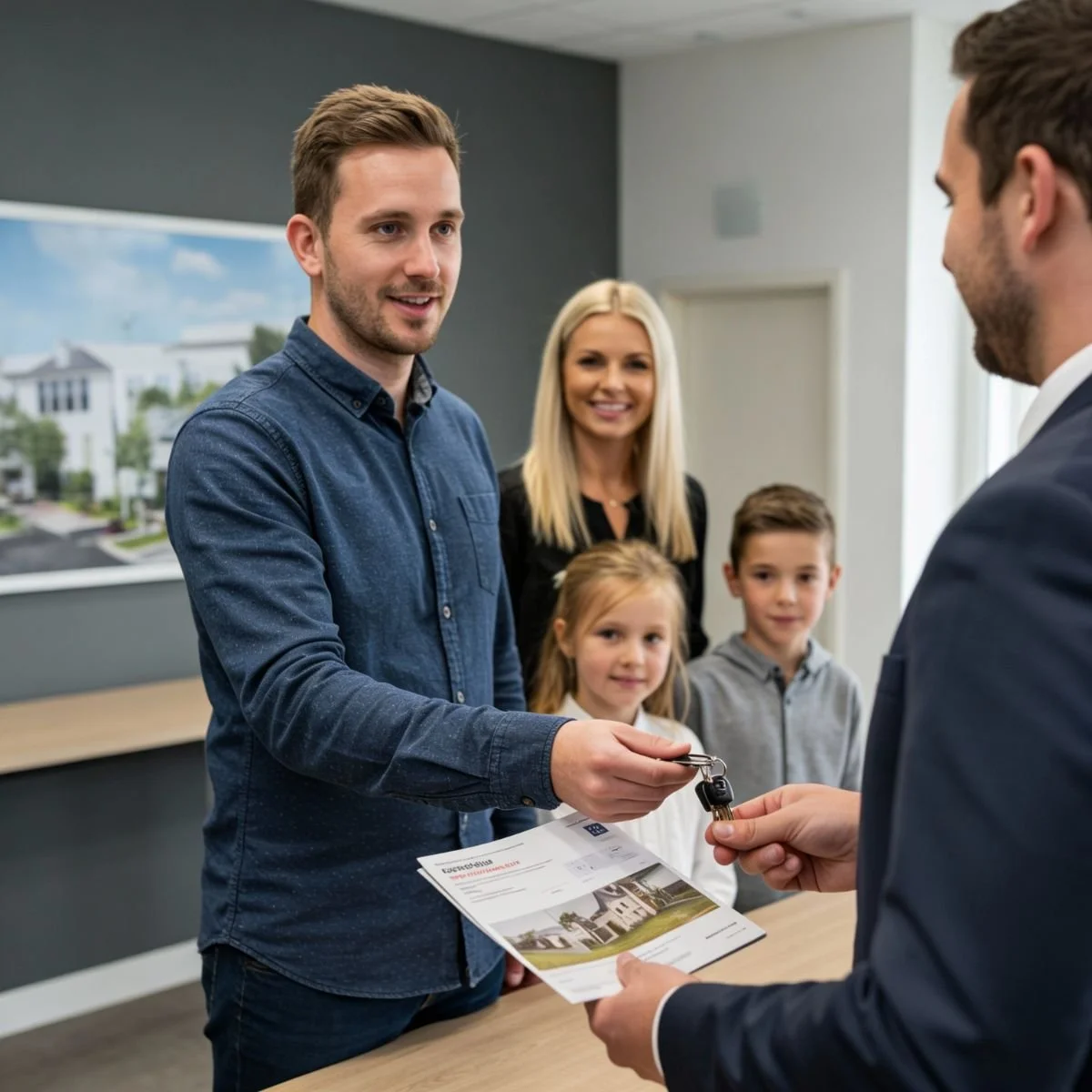 New home sales agent handing over keys and property information to a new home buyer.