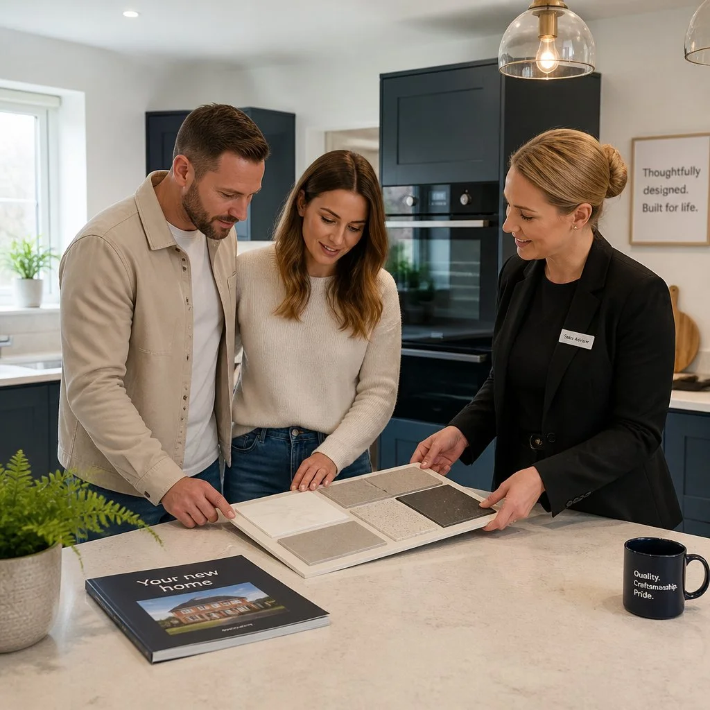 Man and woman inside the show home of a new home development and they are choosing the countertop finish for the kitchen in the new home they will be buying.