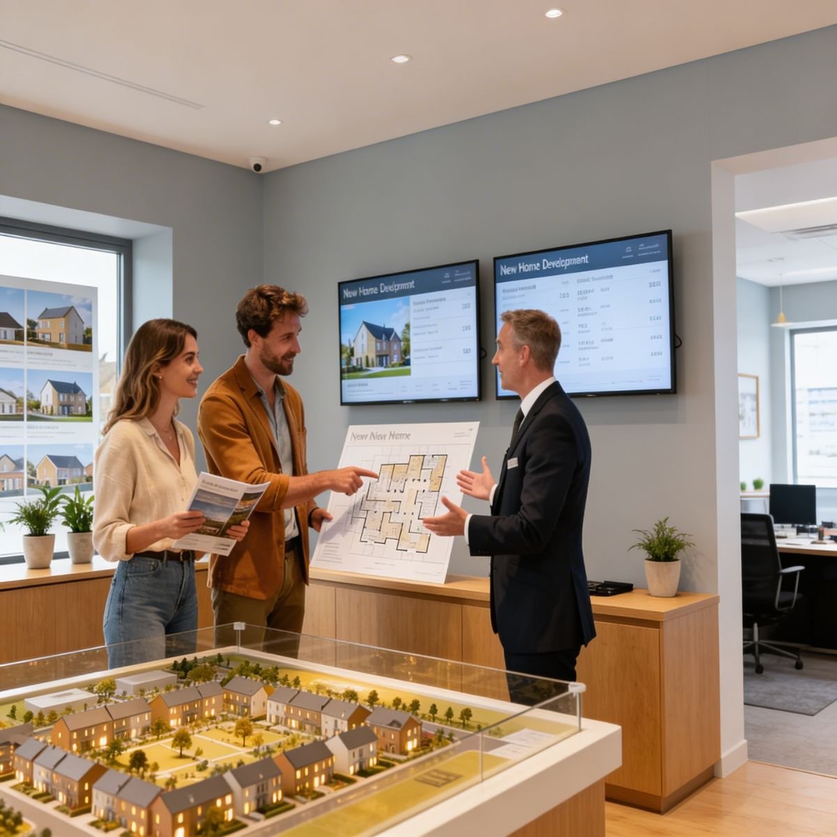 Homebuilders discussing equity loan proposals with first-time buyers.