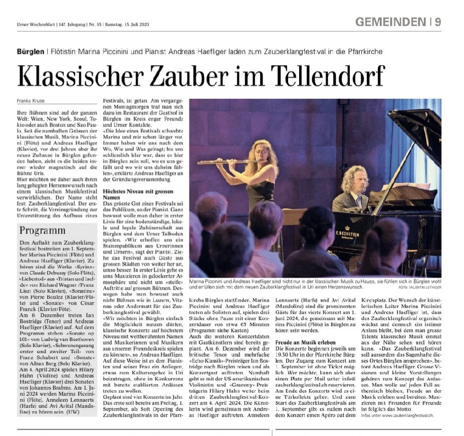 Musicians performing at a classical music concert, featuring a woman playing the flute and a man playing the piano on stage, with an audience watching.
