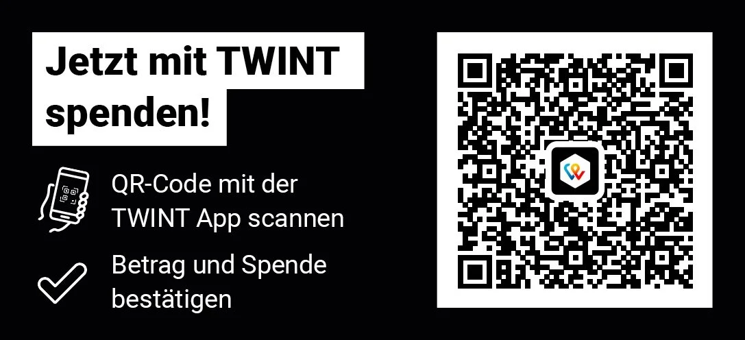A black poster with white text in German, encouraging donations using the TWINT app, featuring a QR code for scanning with the TWINT app and icons of a smartphone and a checkmark.