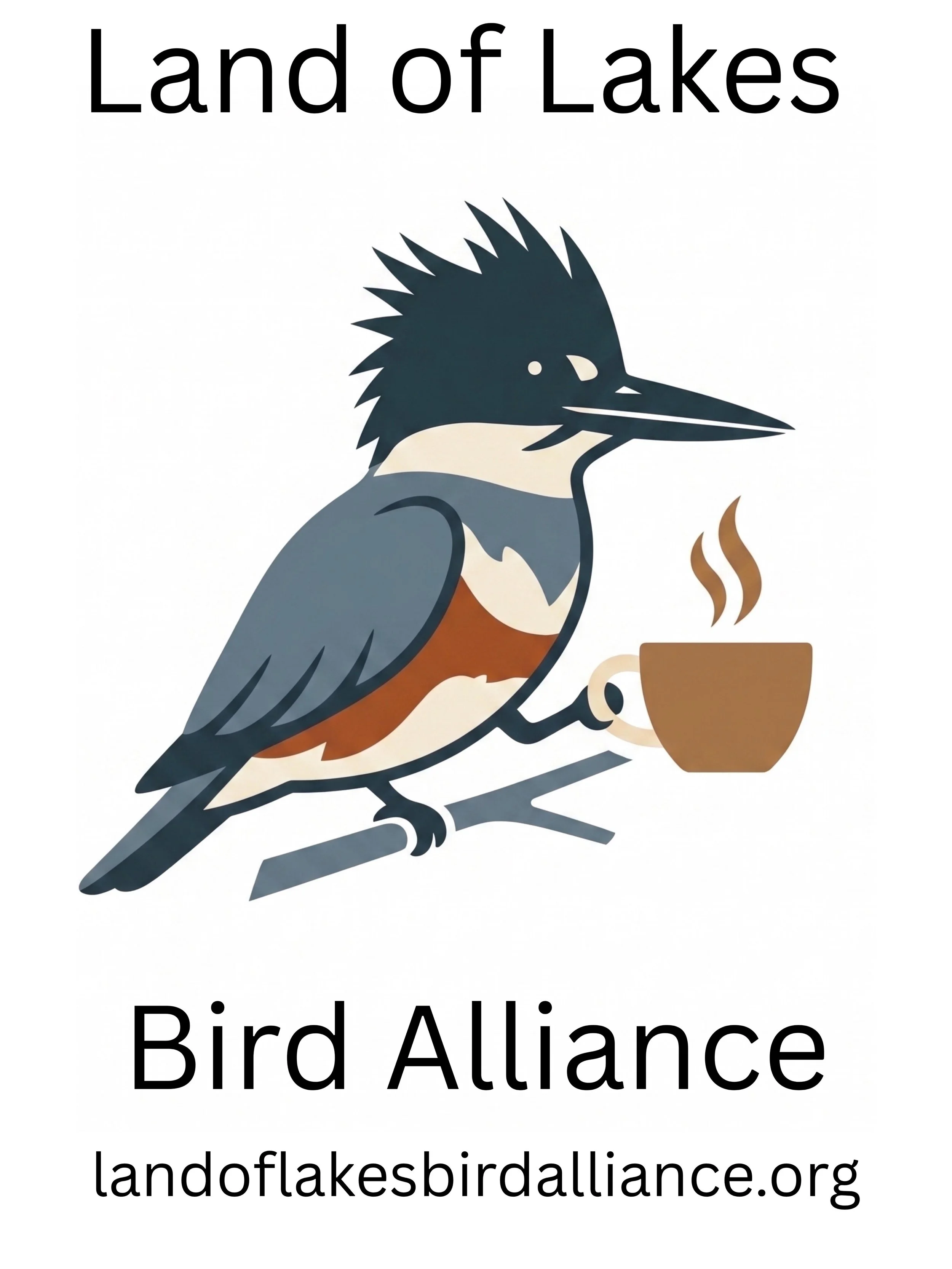 Illustration of a Belted Kingfisher holding a cup of coffee.