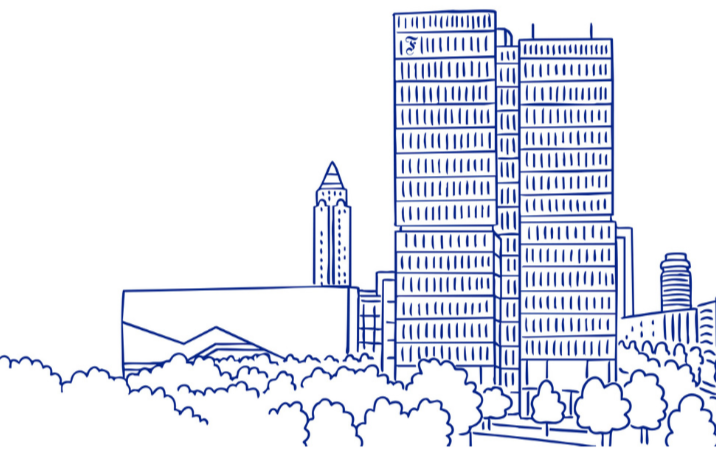 Skizze des F.A.Z. Towers in Frankfurt am Main mit Gebäude, Bäumen und Wolken am Himmel