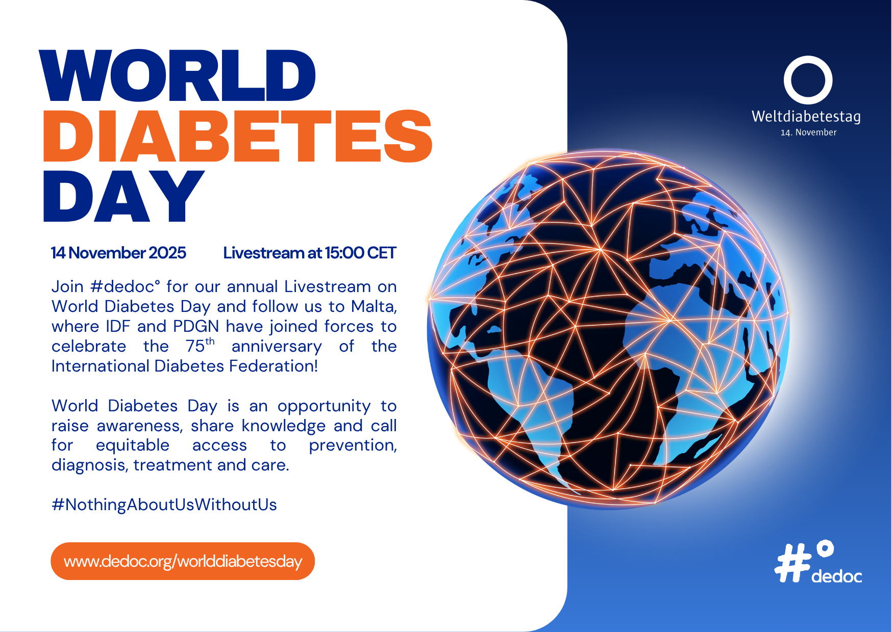Ein Plakat für den Weltdiabetestag am 14. November 2025 mit einer digitalen Weltkarte, die durch orange Linien verbunden ist, und texte in Deutsch über die Veranstaltung.