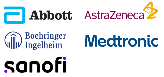 Logos von fünf pharmazeutischen Unternehmen: Abbott, AstraZeneca, Boehringer Ingelheim, Medtronic und Sanofi.