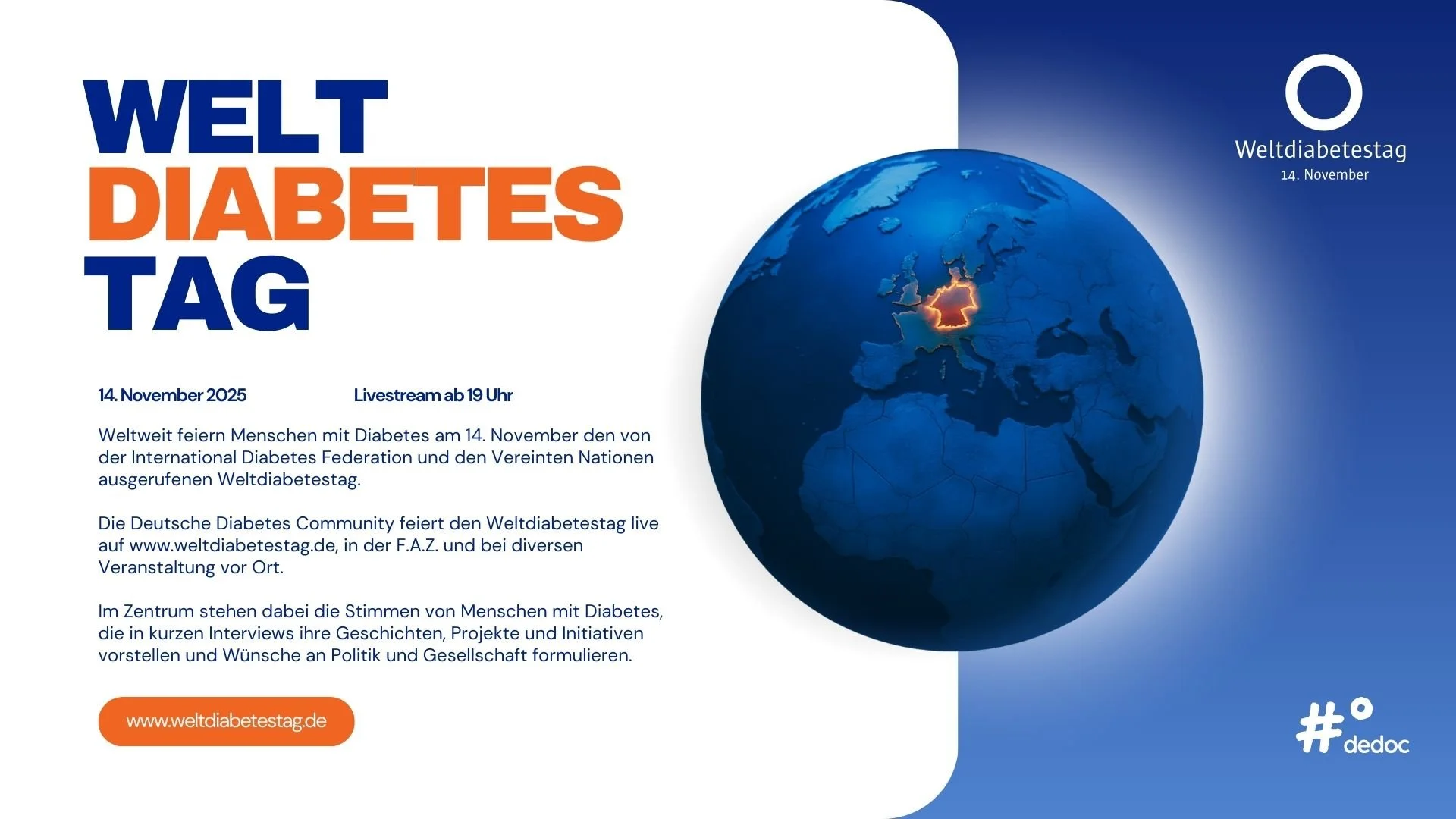 Informationspost über den Welt-Diabetestag am 14. November 2025 mit Deutschlandkarte und globe-Illustration, Text in Deutsch.