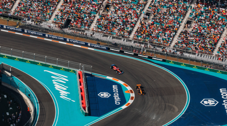 View from the Turn 1 grandstand at the Miami International Autodrome during a Formula 1 race