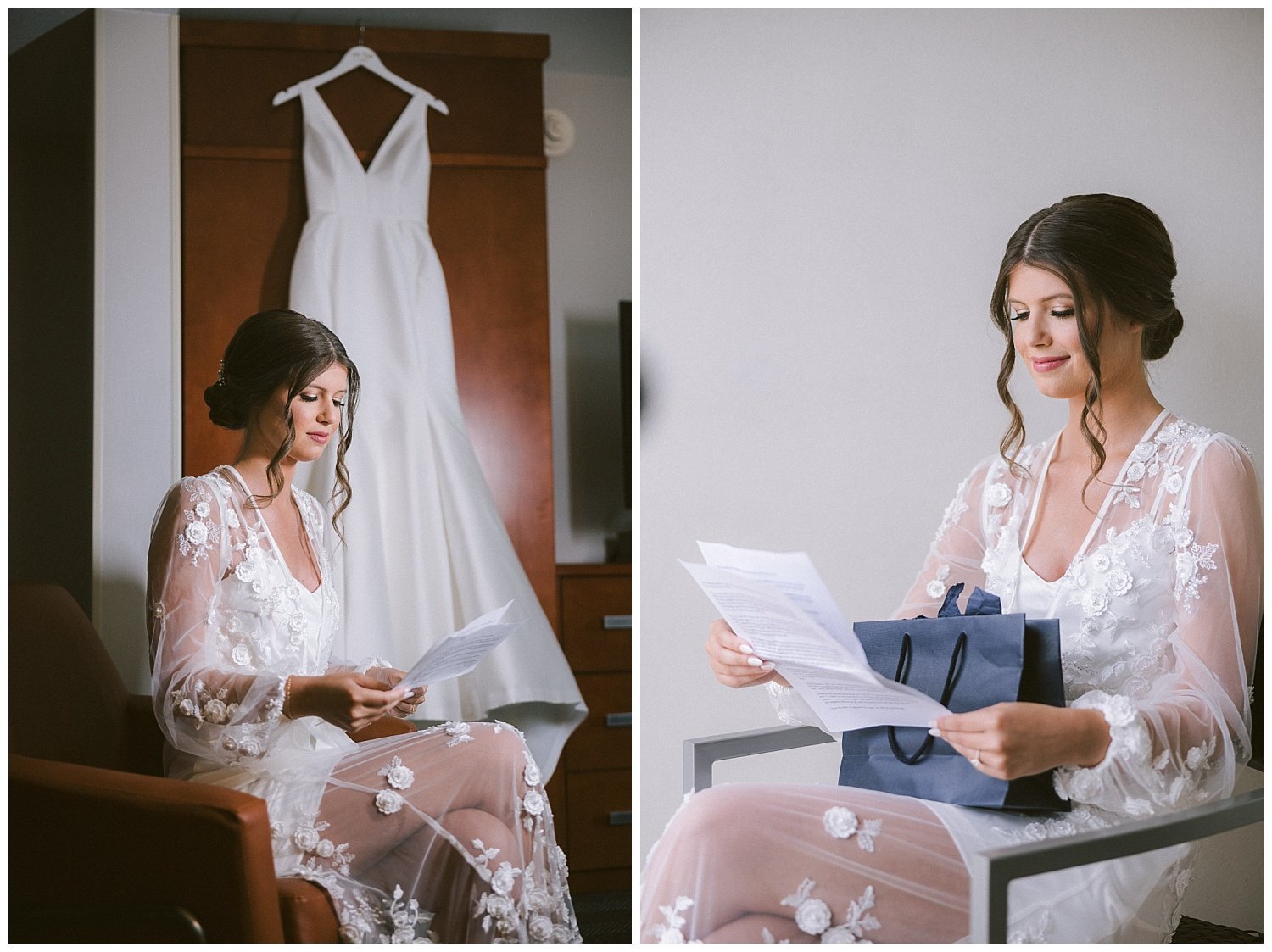 A photo of a bride in a white lace robe reading a letter on her wedding day 