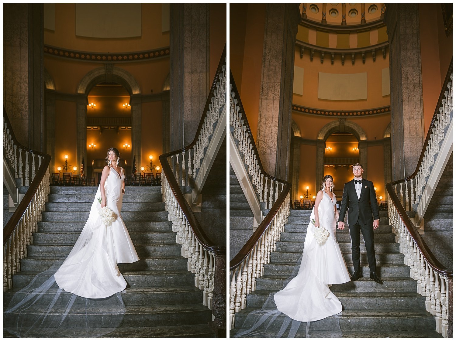 A wedding photo of a bride and groom posing on the stairs at the Ohio Statehouse. 
