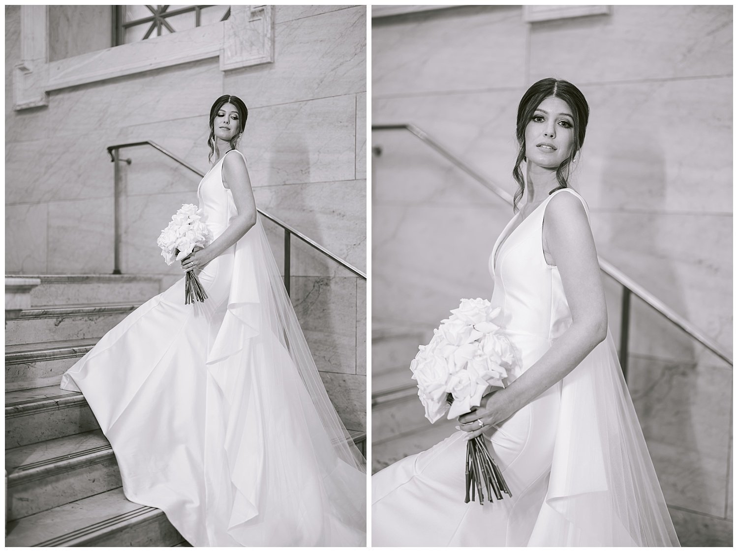 A bride posing for wedding photos at the Ohio Statehouse. 