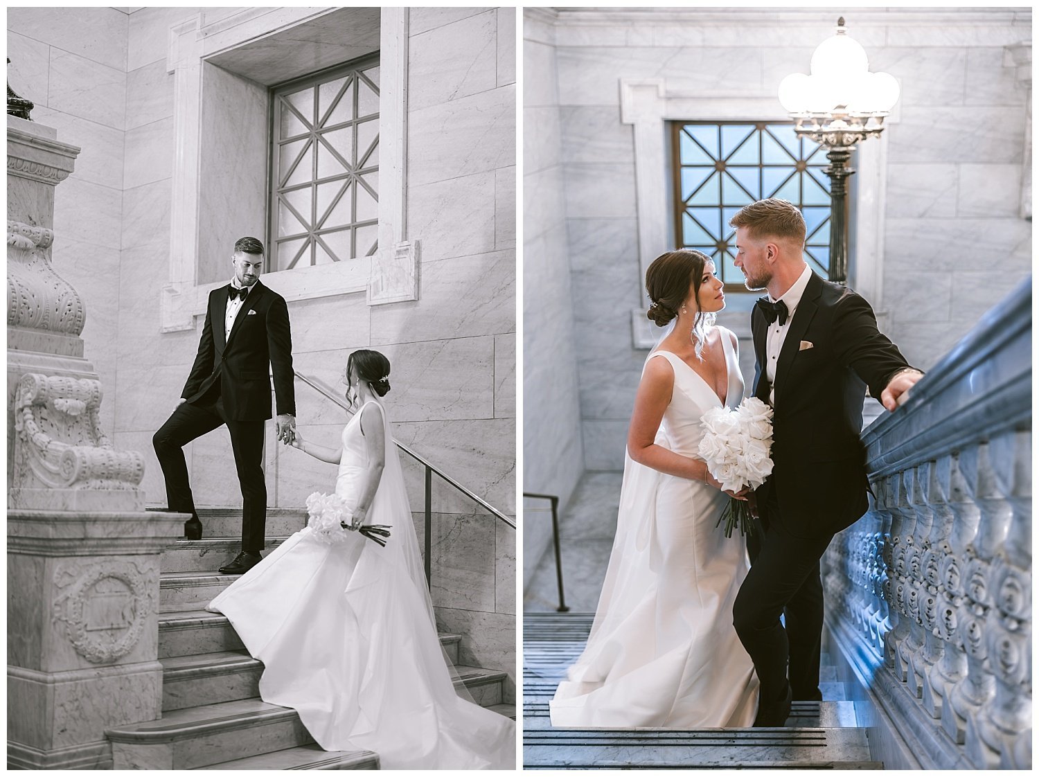 A bride and groom posing for photos at the Ohio Statehouse. 
