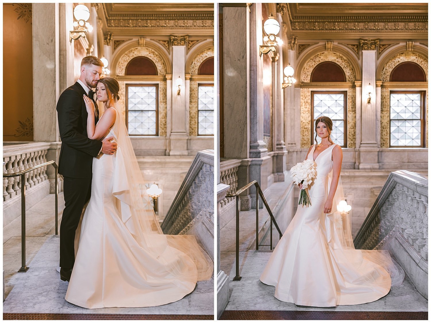 Wedding Photos at the Ohio Statehouse on the stairs with cinematic lighting. 