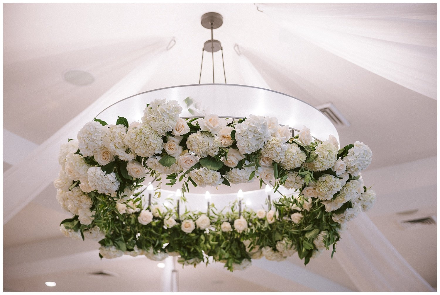 A beautifully decorated room with white florals and details at the Estate wedding venue in New Albany, Ohio. 